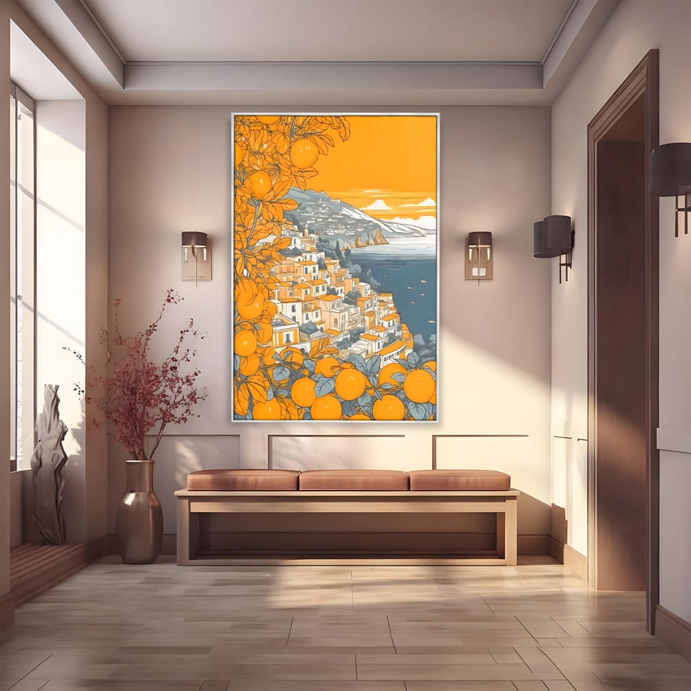 Tablou canvas cu ilustratie cu oras pe malul marii, in rama de aluminiu argintiu